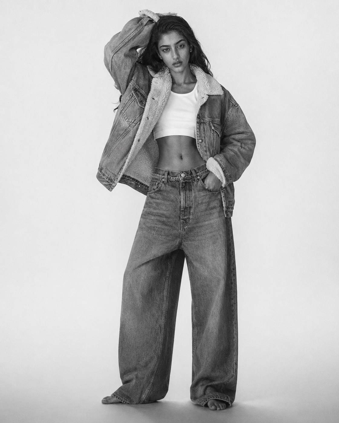 Person Young Girl wearing a denim jacket and wide-leg jeans on a white background. Arab Hyphenated.