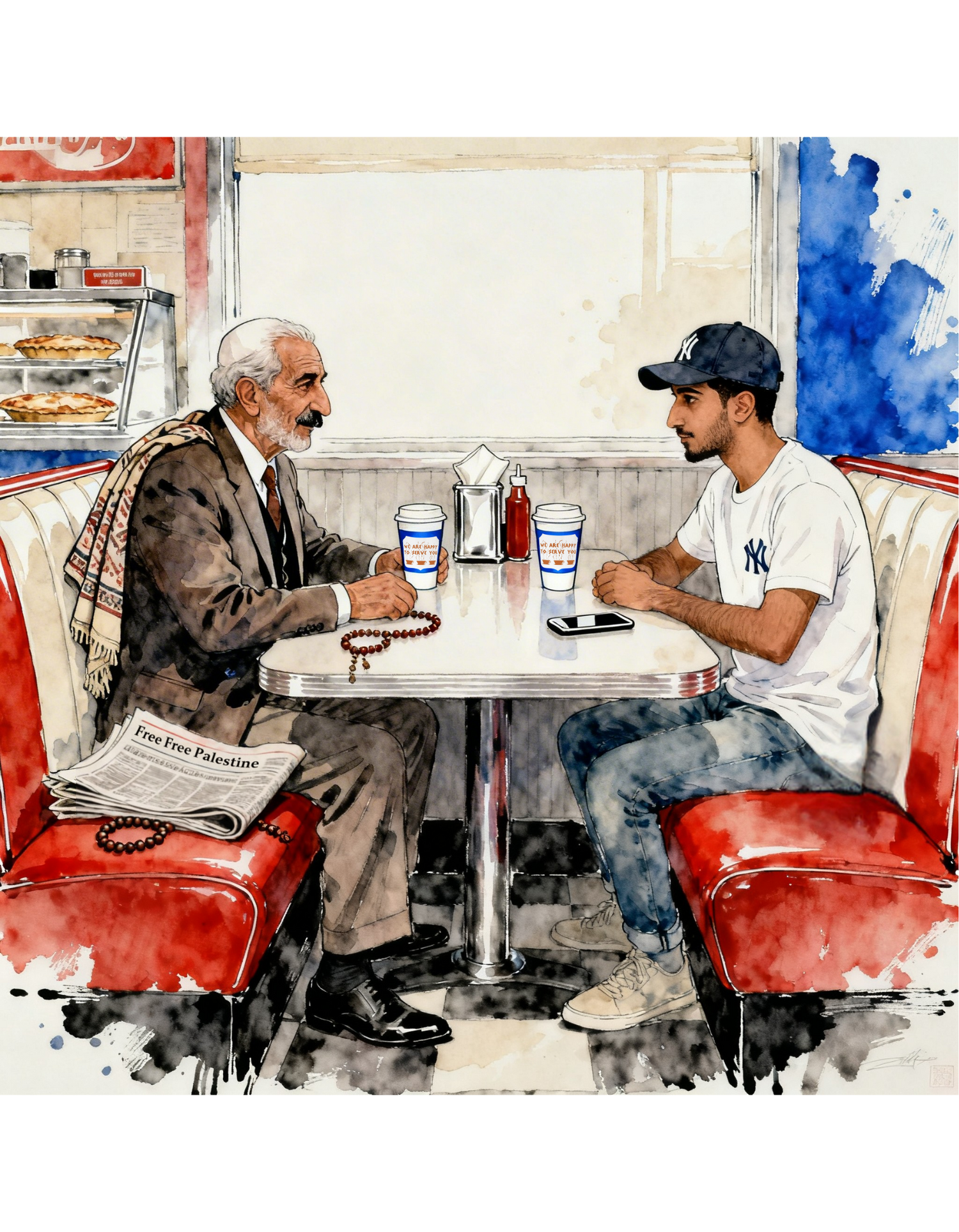 A poignant watercolor illustration capturing a conversation between an elder and a youth in a retro-style diner setting. This artistic piece evokes themes of tradition, heritage, and intergenerational dialogue, making it a thoughtful addition to any art collection.